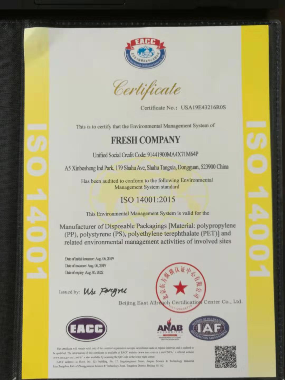 Fresh Company ISO 14001:2015 Qualification