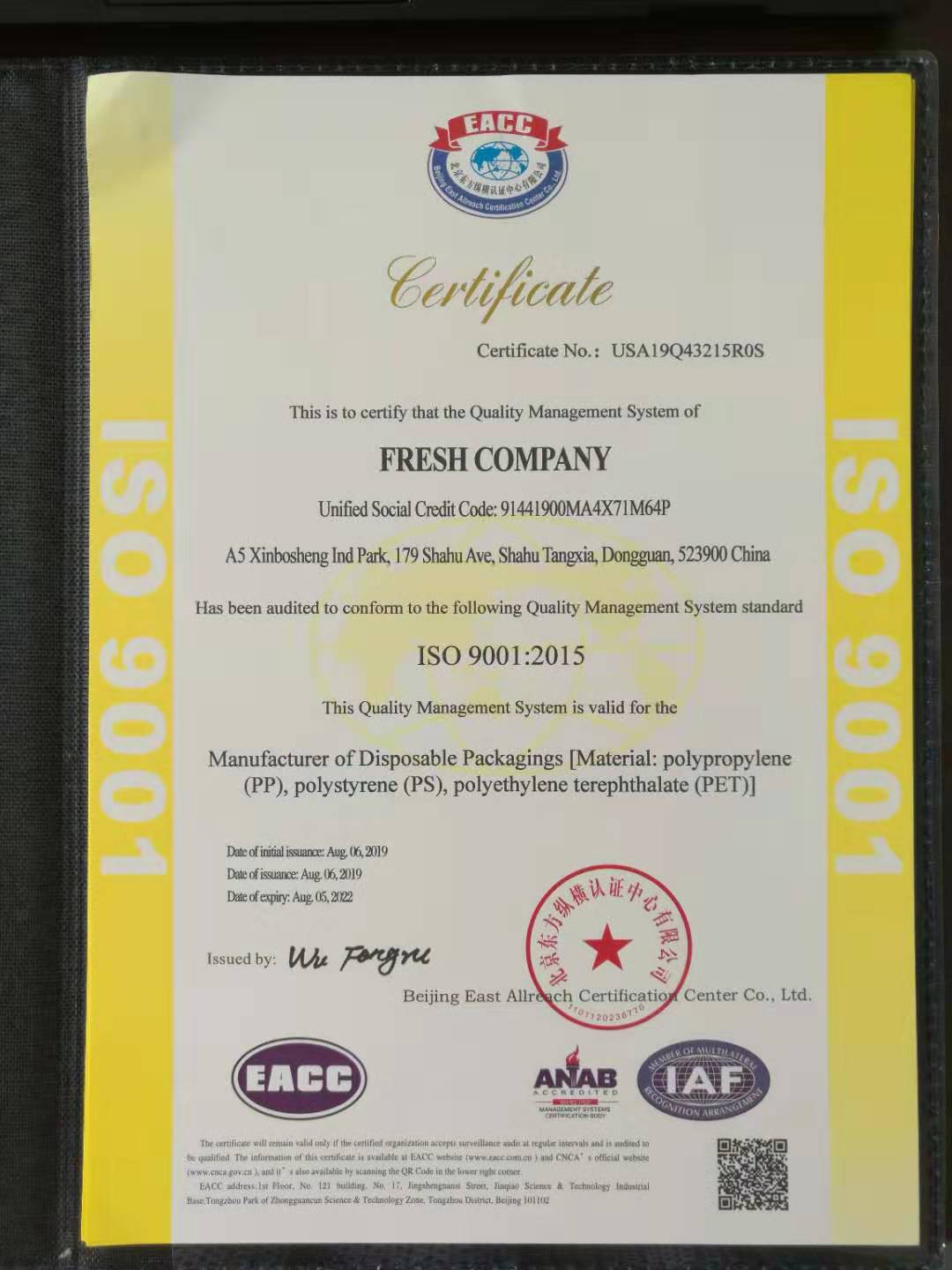 Fresh Company ISO 9001:2015 Qualification